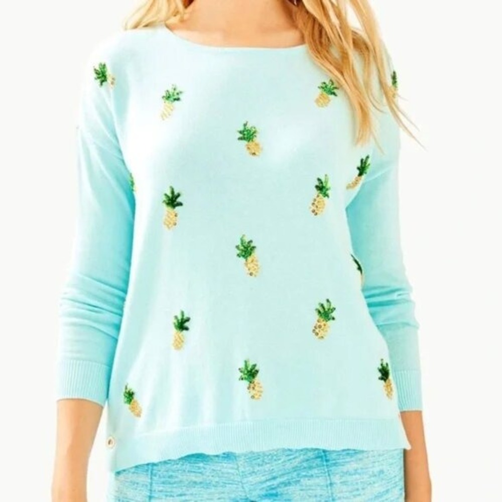 Lilly Pulitzer Blue Sequin Pineapple Cotton Knit Sweater Boat Neck Womens Small